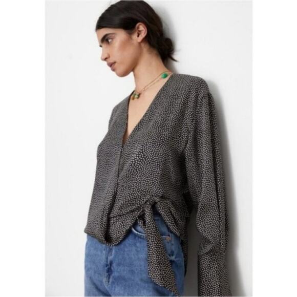 NWT ZARA Womens Silky Polka Dot Wrap Blouse Size Large Black White Old Money - Picture 2 of 9